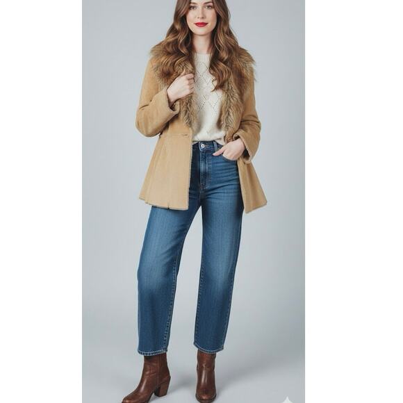 Vintage GUESS Penny Lane Coat Womens Large Y2K Fur Collar Tan Suede Leather - Picture 7 of 7